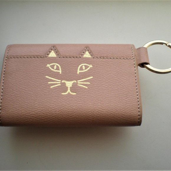 NWT Designer Charlotte Olympia Calfskin Leather Blush Feline Keychain Purse $325 - Picture 2 of 11